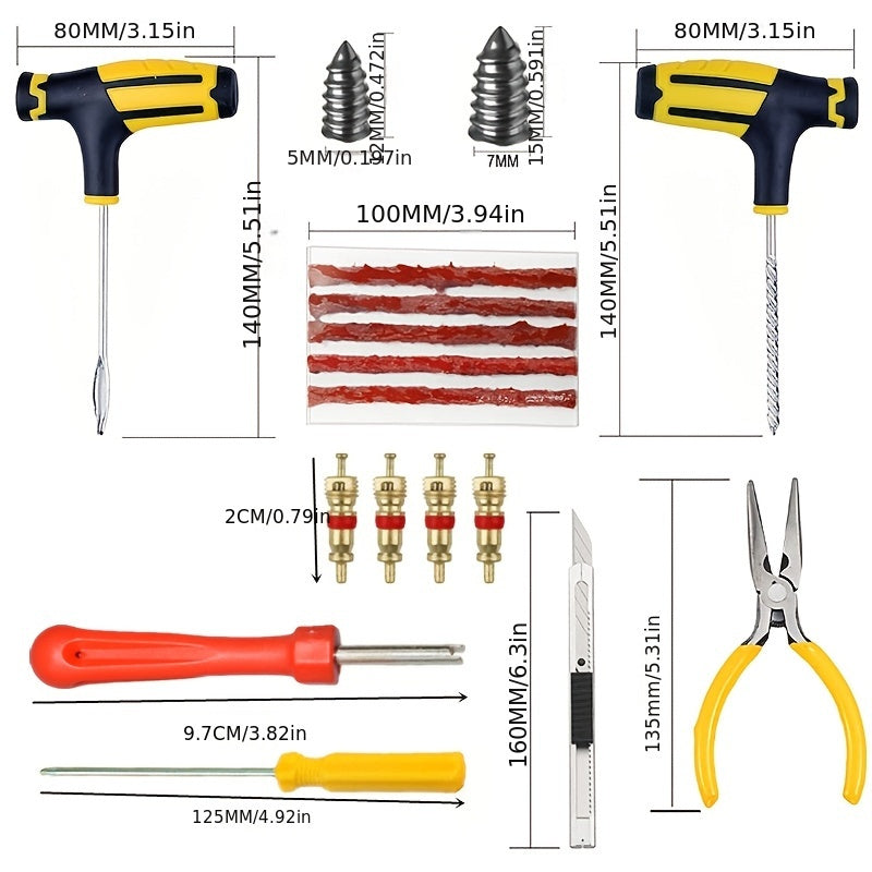 Universal Tire Repair Kit with Puncture Plug Tool and Inflation Nozzle