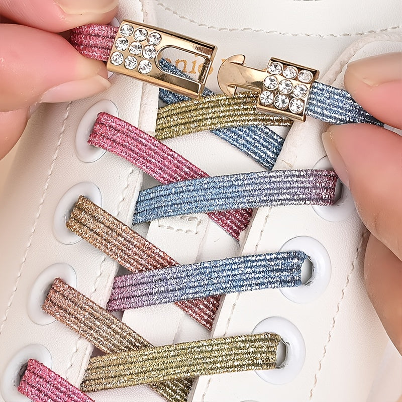 Unisex Elastic Lazy Shoelaces With Rhinestone Buckles For Sneakers Canvas