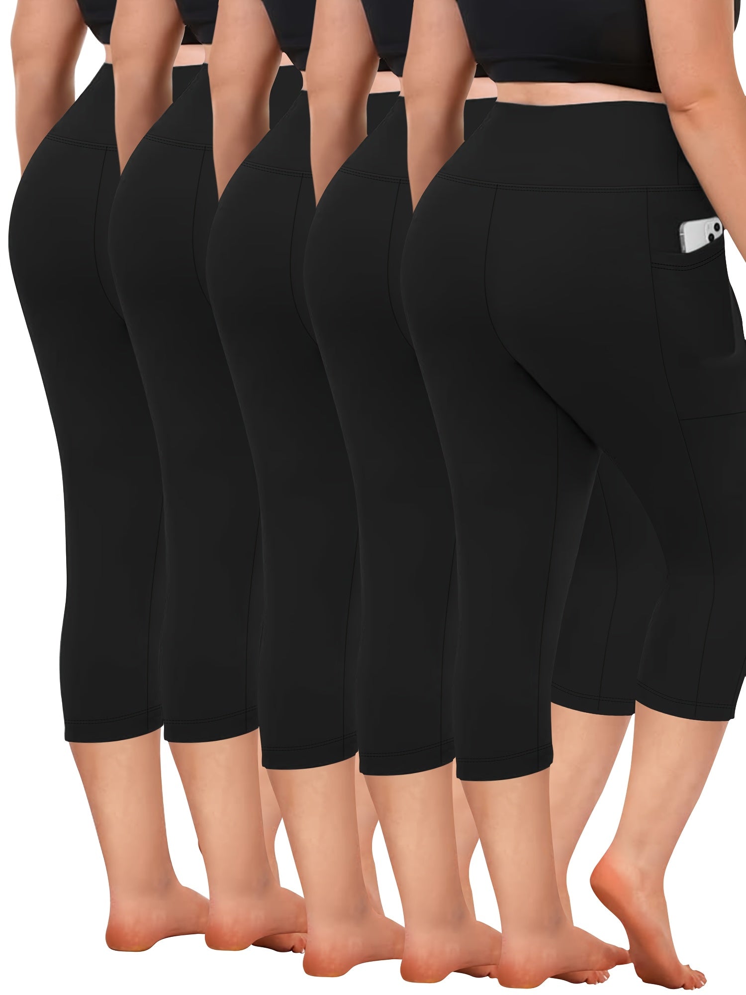Plus Size High Waist Capri Leggings with Pockets Comfortable Stretch Solid Colors