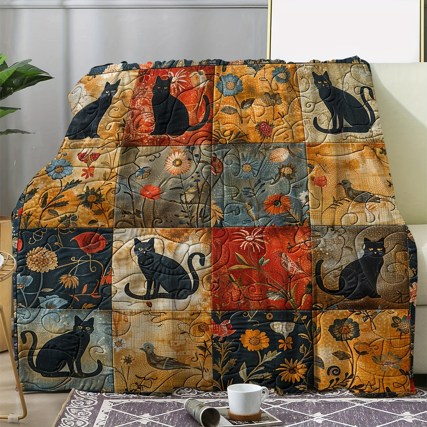 Винтажное фланелевое одеяло с принтом кошек и цветов - уютный, мягкий и теплый плед с дизайном черных кошек, идеально подходящий для дивана, кровати, автомобиля, офиса, кемпинга и путешествий. Идеальный подарок на все сезоны в многоцветном исполнении.