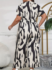 Plus Size Women's V-Neck Jumpsuit Animal Print Casual Chic Pockets