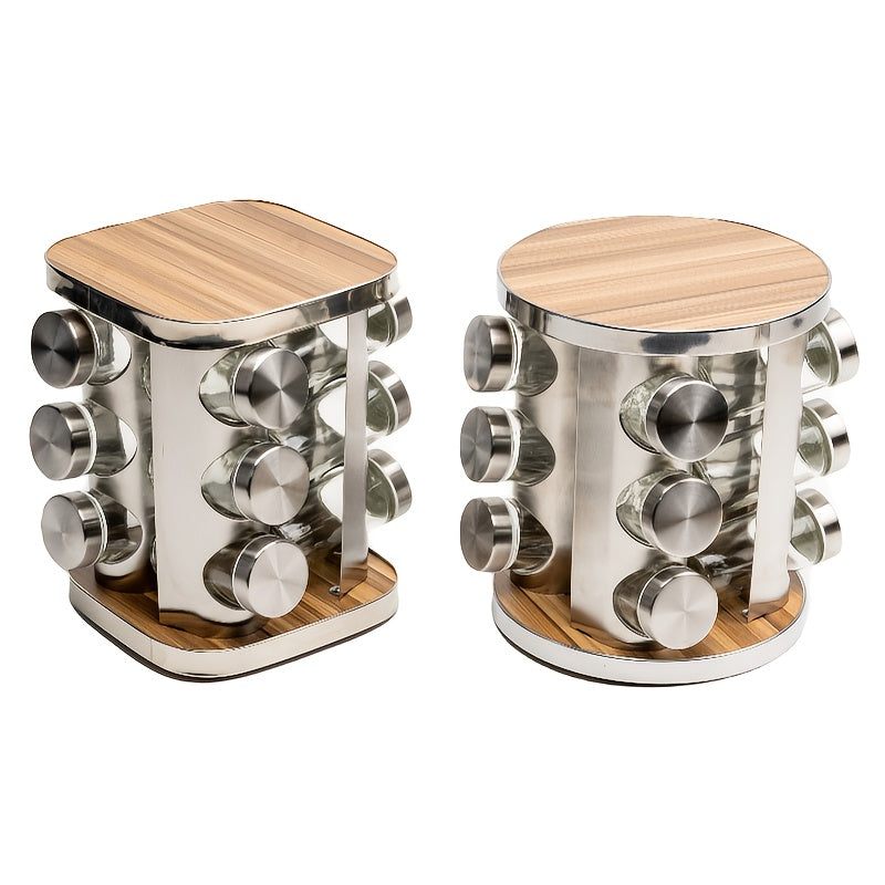 Stainless Steel Spice Rack Set with Glass Jars, Rotating Base, 12 Pieces