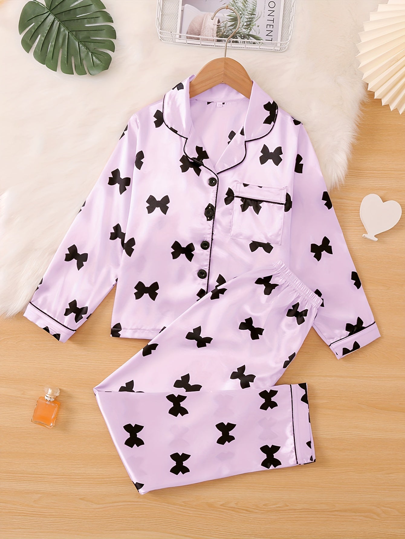 Girls' Autumn Spring Pajama Set 2-Piece Flame-Retardant Bow Print Polyester