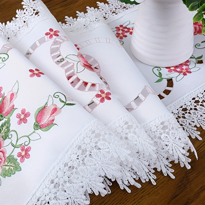 Pink Floral Hand-Embroidered Table Runner with Lace Trim for Dining and Holidays