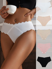 5pcs Women's Elegant Wave Edge Briefs Nylon Elastane Mid-Rise Non-See-Through