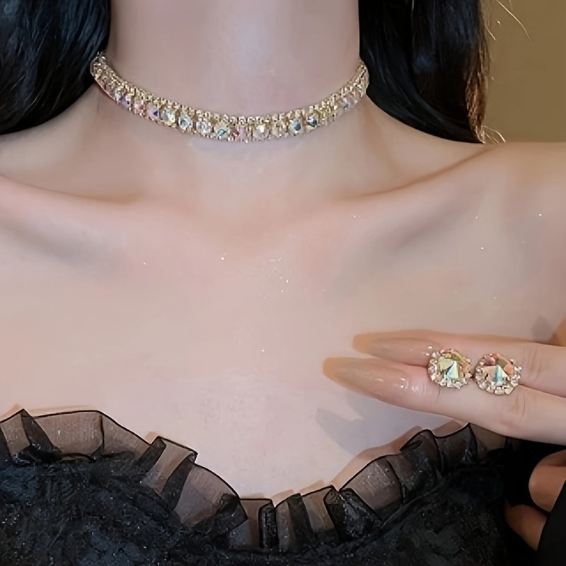 Juego de joyería de plata de ley y cristal para mujer con collar y pendientes de botón