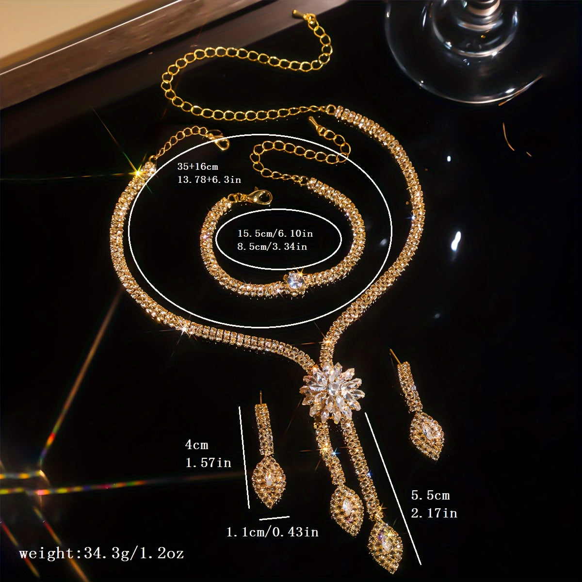 Imitation Zirconia Flower Jewelry Set Necklace Earrings Bracelet for Bridal or Special Occasion