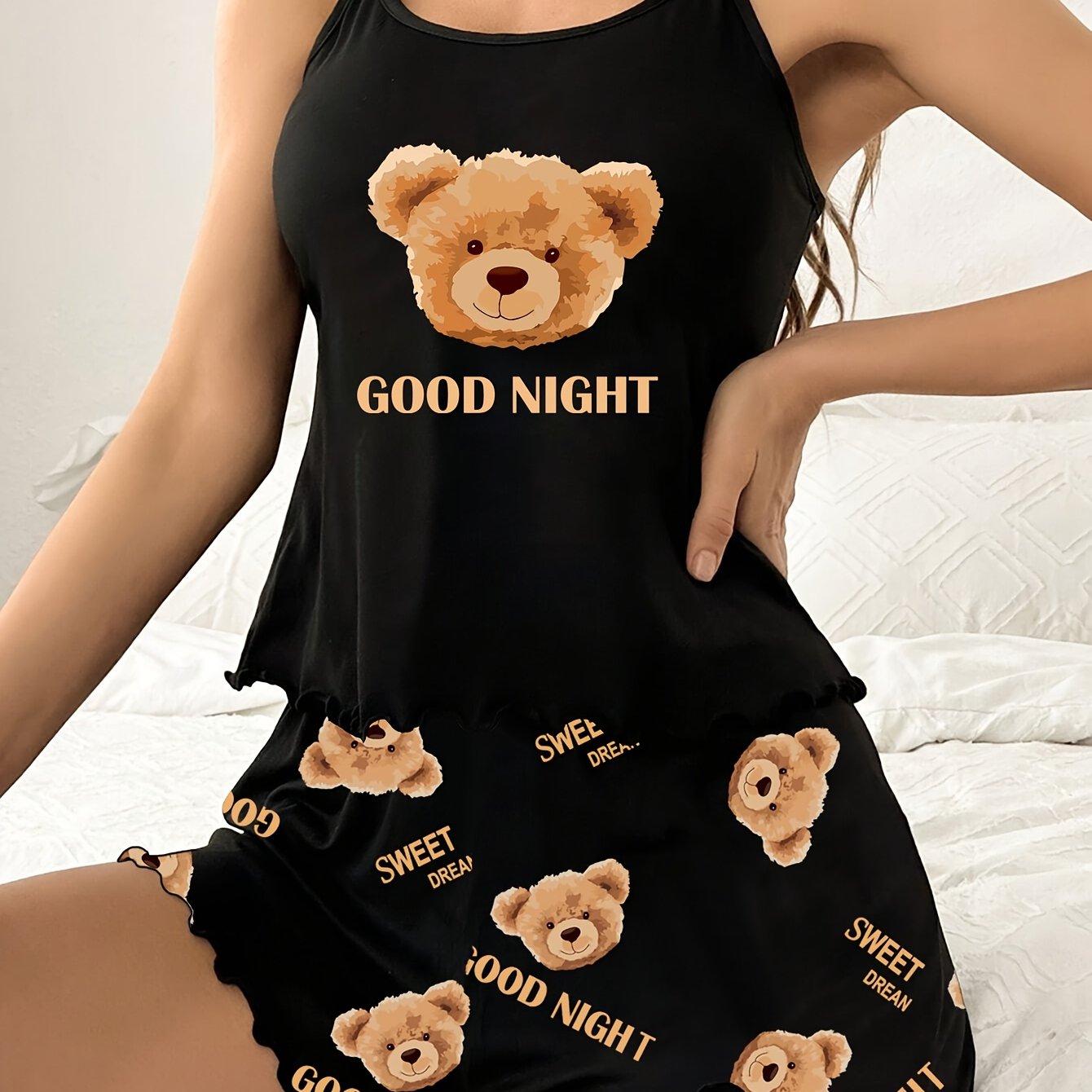 Adult Cartoon Teddy Bear Pajama Set with "Good Night" Lettering Polyester Knit All-Season
