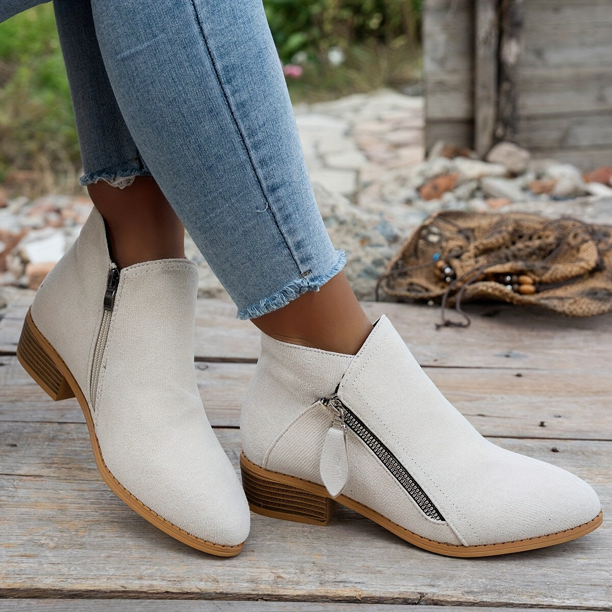 Women's Chunky Heel Ankle Boots Fabric Low Block Zipper Winter Casual