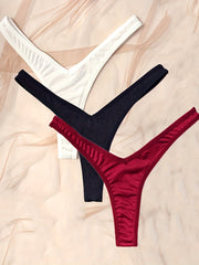 Set of 3 Women's Solid Color Low Waist Stretchy V-String Thongs Lingerie