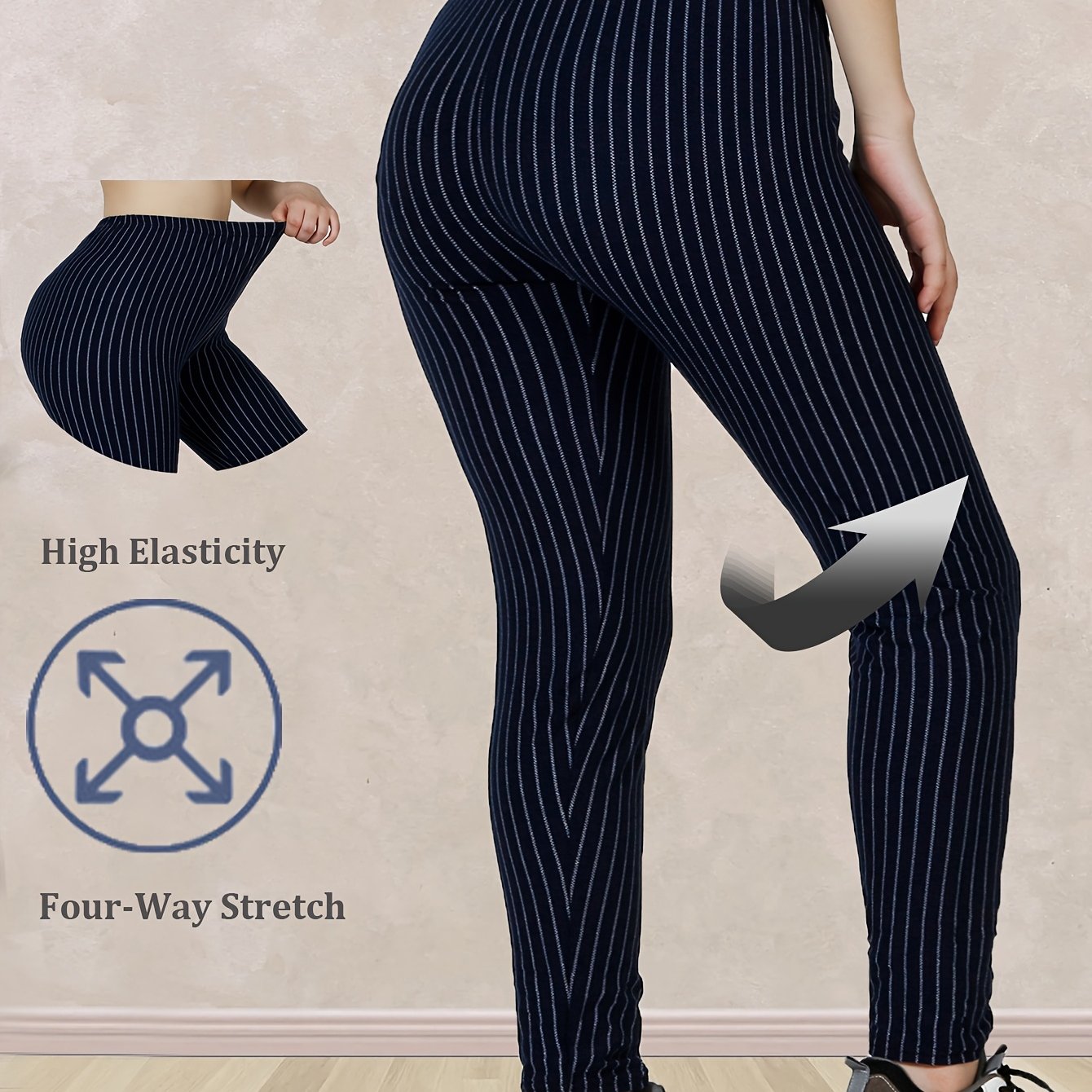 Women's Plus Size Striped Skinny Leggings High Waist Breathable Stretch