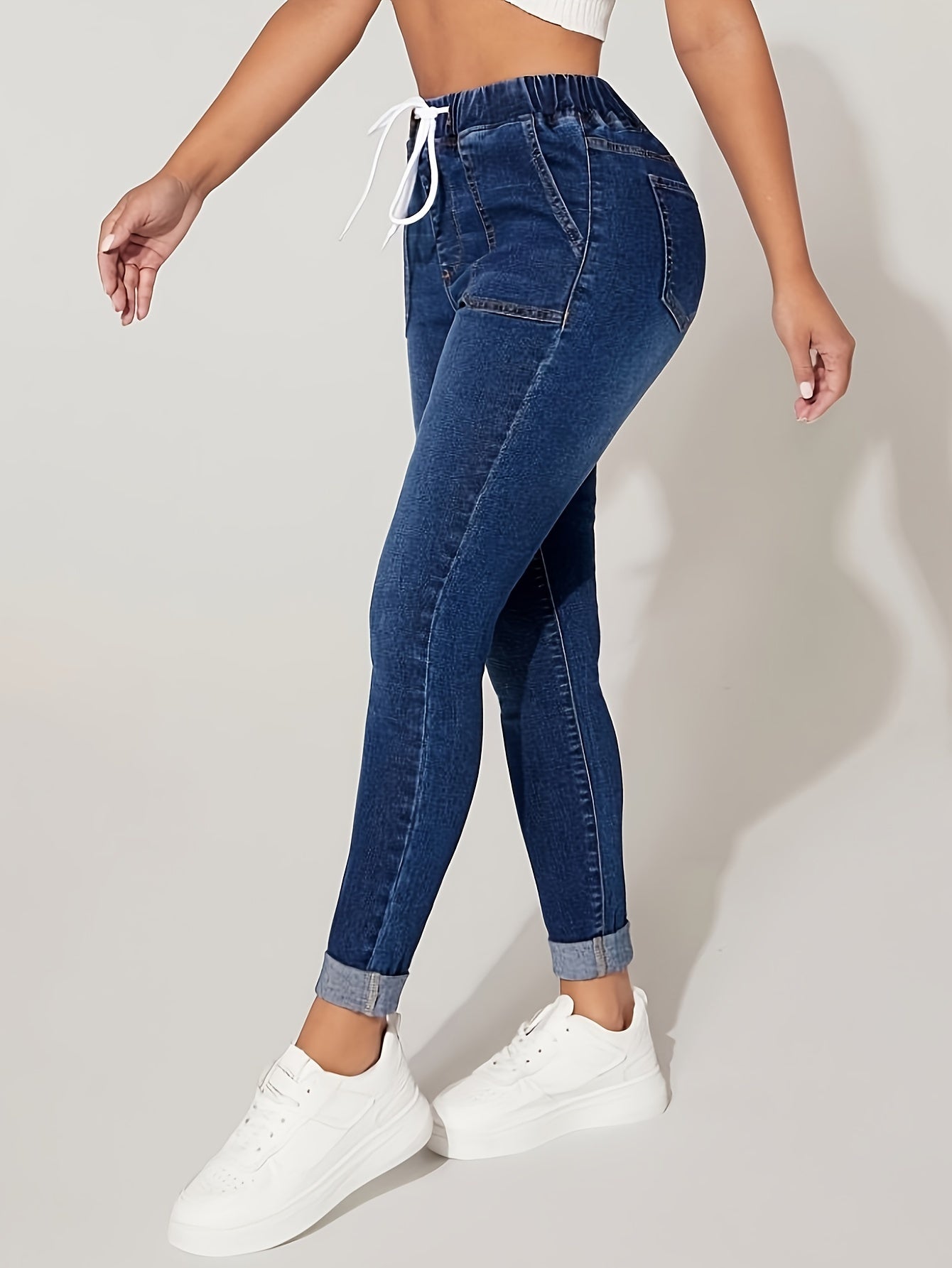 Plus Size Women's Denim Jeans with Elastic Drawstring Waist and Stretch Fit