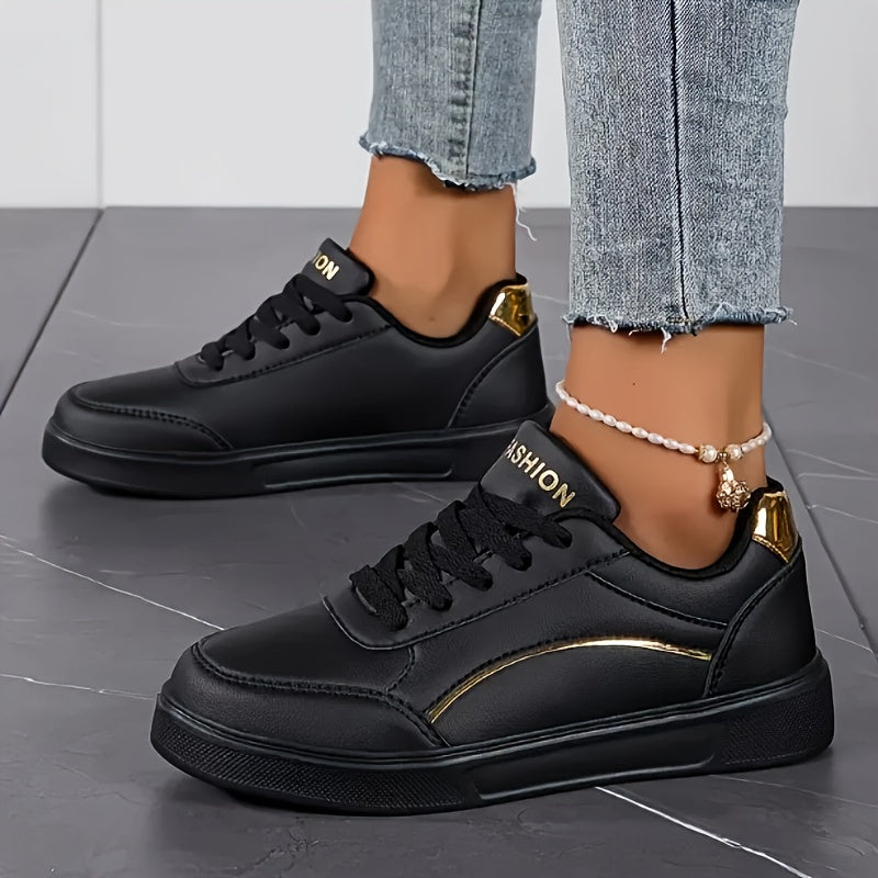Women's Breathable Skate Sneakers Lightweight Casual Shoes Black Gold