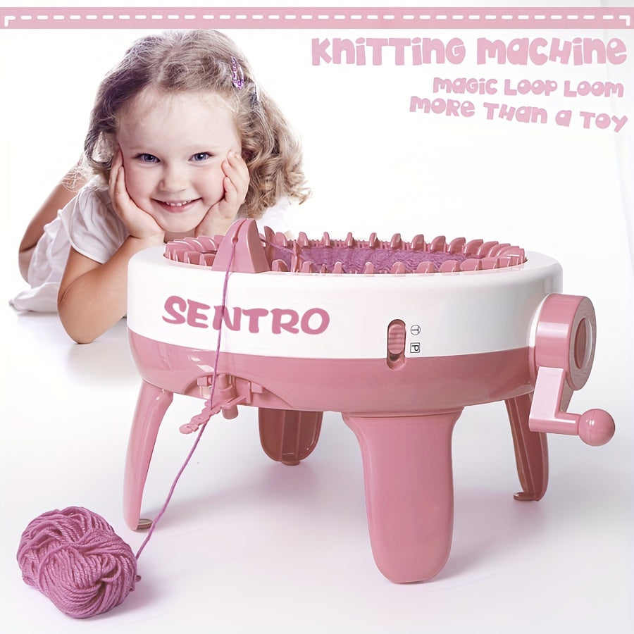 Kids Knitting Machine Kit 40-Needle Hand Crank Loom for Hats Scarves Socks Pink