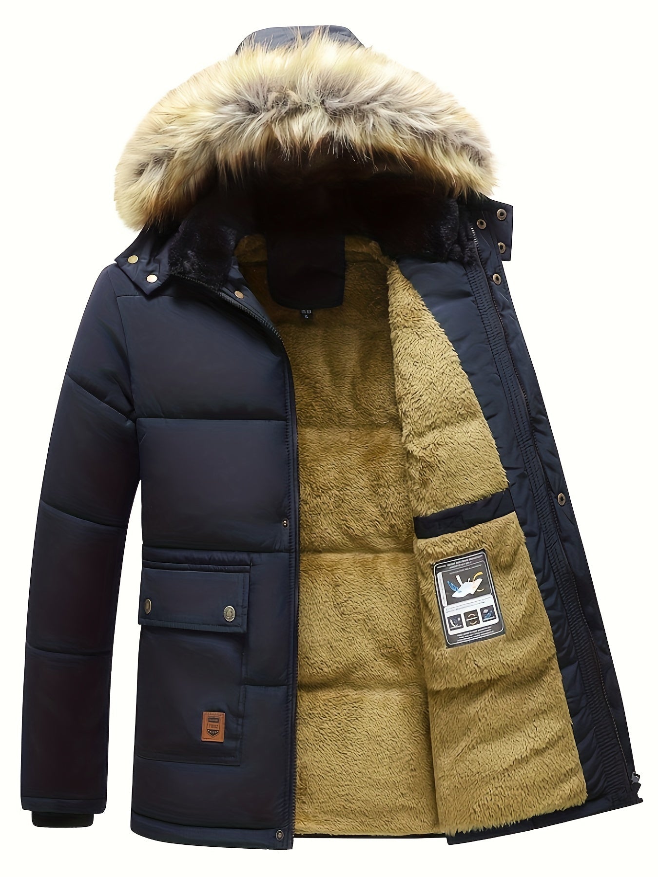 Erkaklar uchun qishki kurtka, ajratiladigan kapuchon, mo'ynali trim, fleece bilan qoplangan, to'ldirilgan, fermuarlı cho'ntaklar va sovuq ob-havodan himoya qilish uchun sozlanadigan tortish simlari.