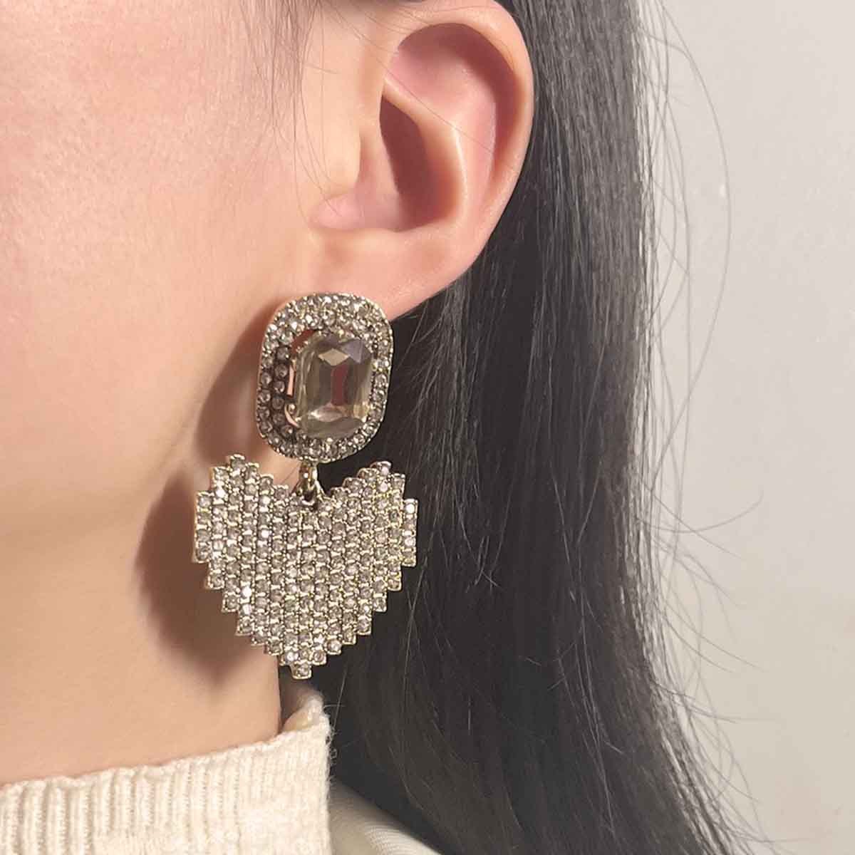 Heart-Shaped Alloy Drop Earrings with Rhinestones for Boho Style