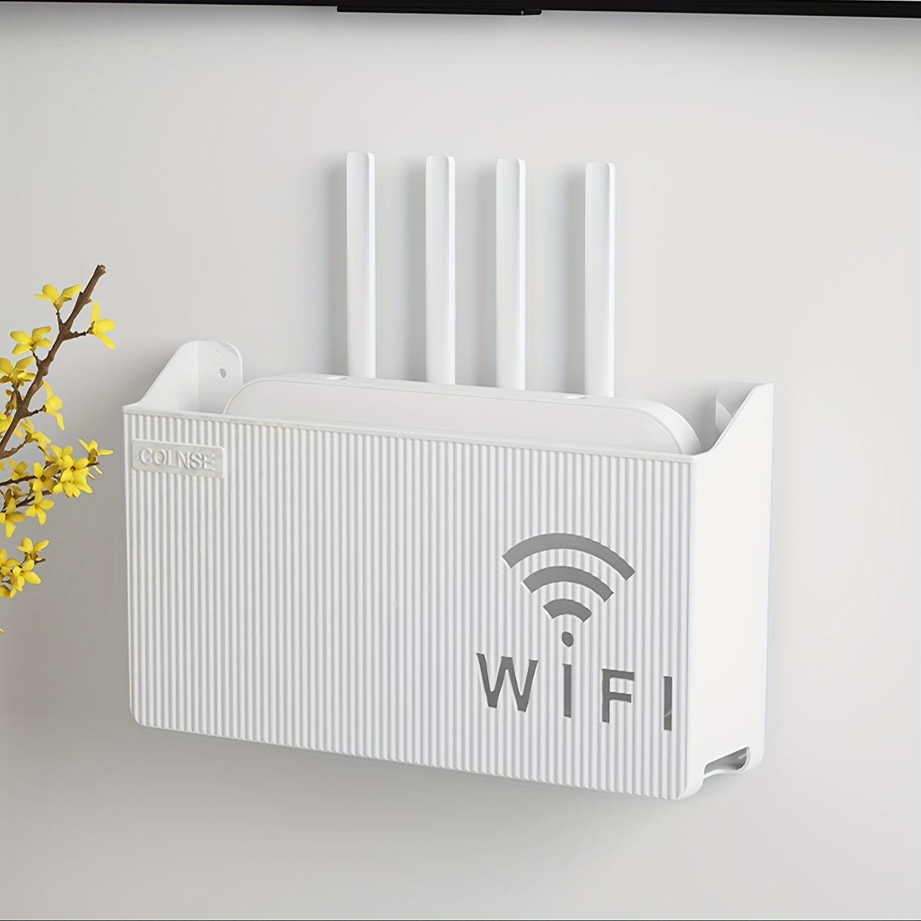 Estante de almacenamiento para pared sin taladro para router y caja de TV con ganchos útiles