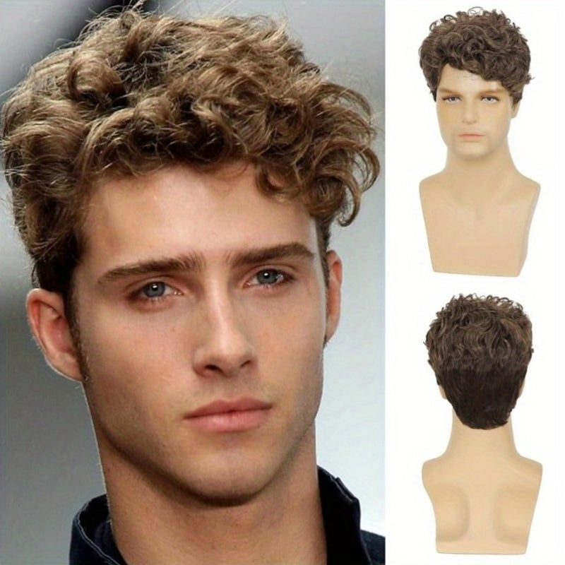Men's Short Curly Brown Wig, Fluffy Voluminous Synthetic Hairpiece for Daily Wear