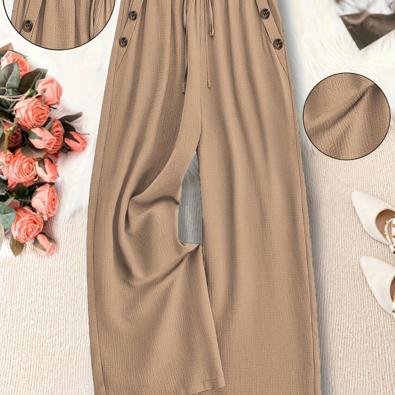 Plus Size Women's Wide-Leg Casual Pants Elastic Waist Maroon All-Season