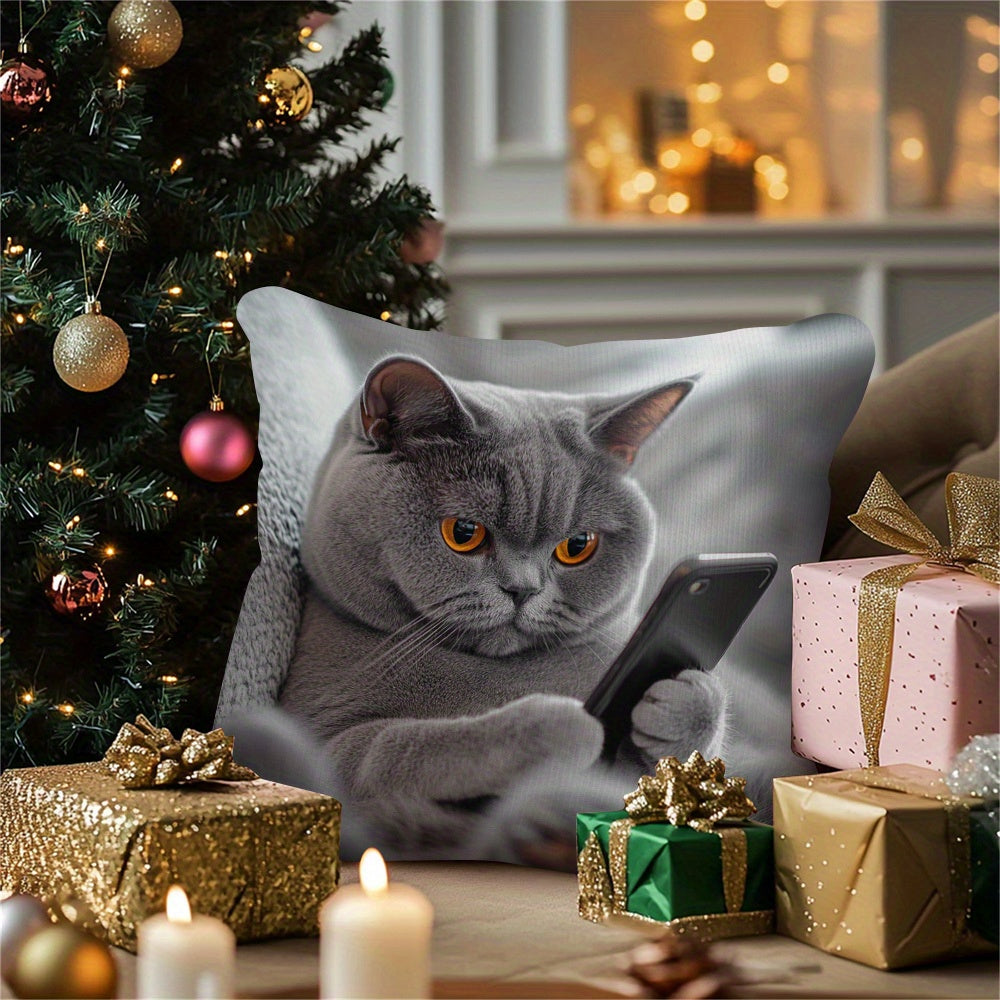 Cat Phone Pillow Cover Double-Sided Woven Polyester Fade-Resistant Decorative Pillowcase 45.72cm