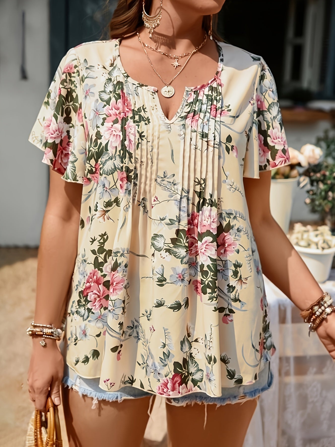 Plus Size Women's Floral Print Blouse V-Neck Notched Sleeves