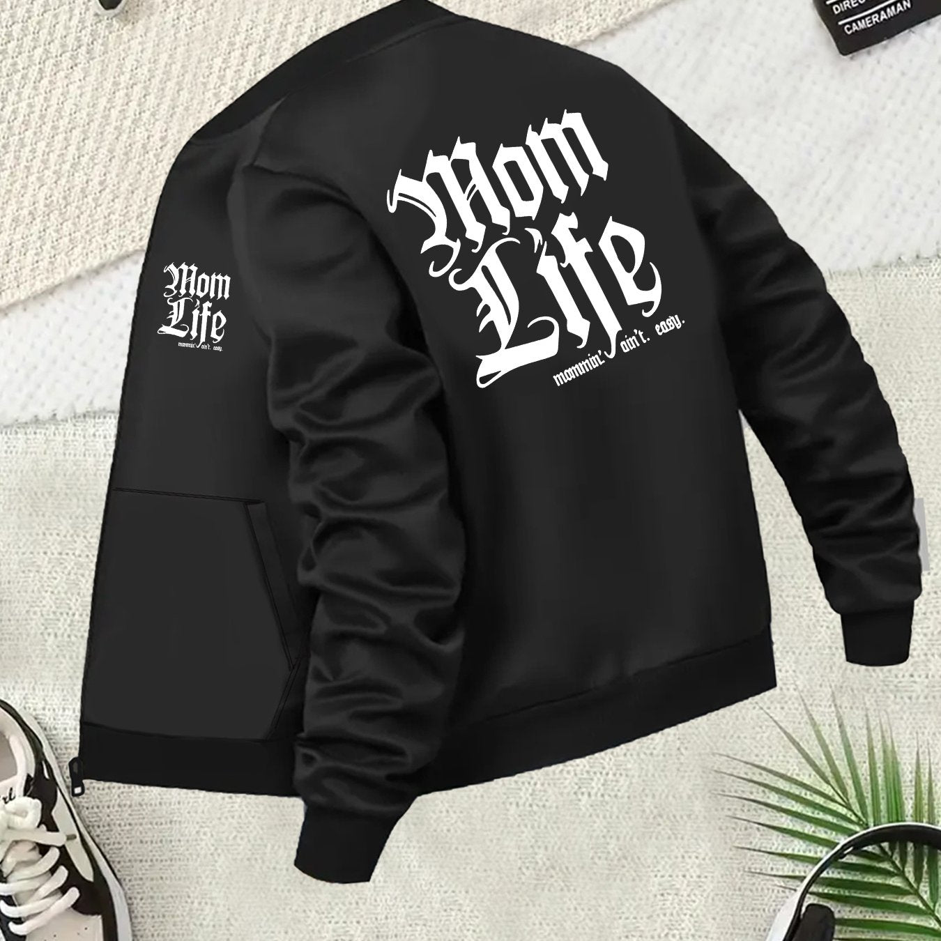 Women's Black Plus Size Jacket with "Mom Life" Back Print Zip-Up Coat