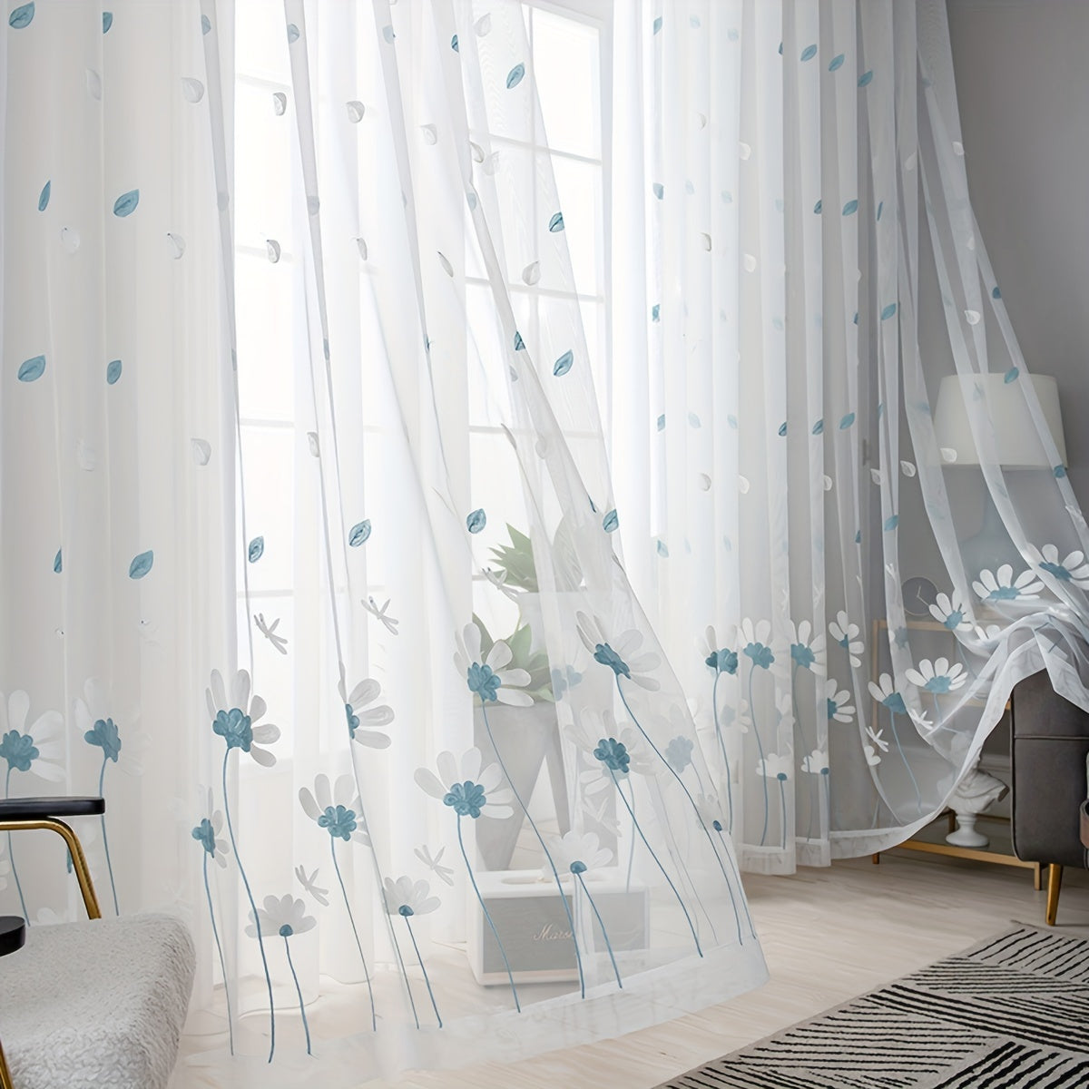 Simple Animal Embroidery Tulle Curtain for Living Room Window Sheer Decor