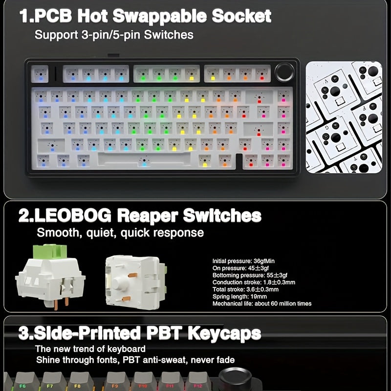 AULA Maxsus Mexanik Klaviatura LEOBOG Reaper Switch bilan, 75% o'lcham, issiq almashtiriladigan tugmalar, RGB orqa yoritish, Simsiz/2.4GHz/USB-C ulanish, ergonomik dizayn, qayta zaryadlanadigan litiy-polimer.