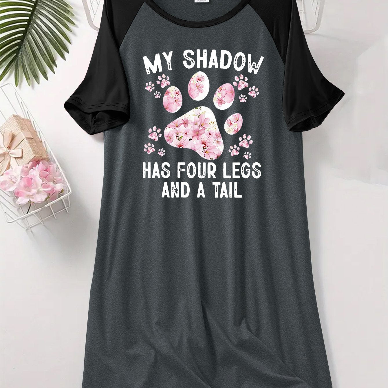 Women's Heather Gray Short Sleeve Sleep Dress with Dog Paw Print Nightgown