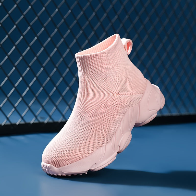 Zapatillas altas para mujer de color sólido, zapatillas slip-on de punto, cómodas y elásticas