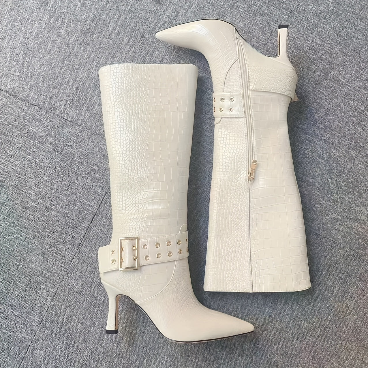 Women's Solid Color Dress Boots With Side Zipper and Buckle