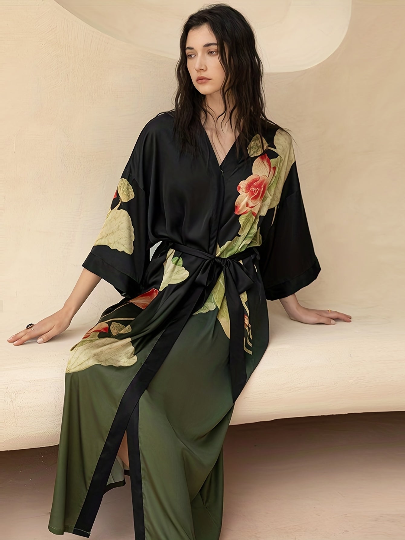 Plus Size Floral Satin Robe V-Neck Lounge Wear with Lace-Up and Short Sleeves