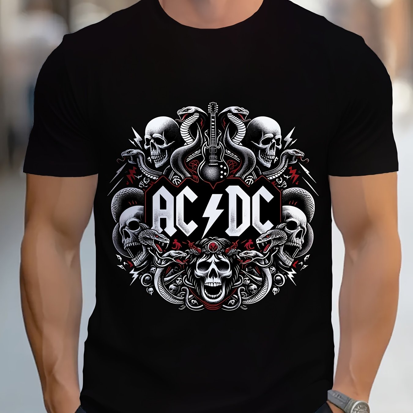 Katta o'lchamdagi AC/DC grafik futbolka, tasodifiy uslub, oddiy moslashuv, bosma dizayni bilan polyester krujka tee.