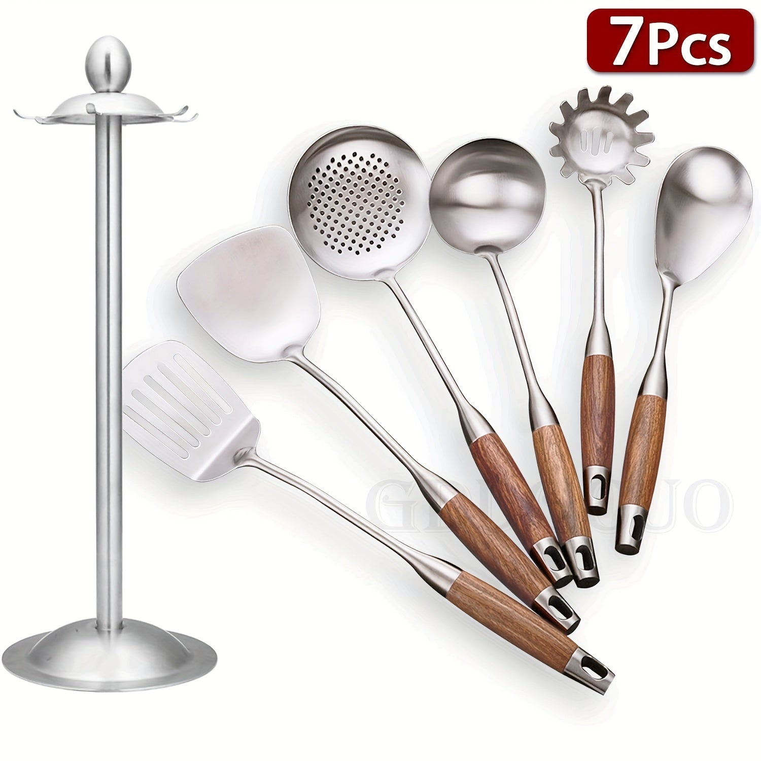 Seven-Piece Stainless Steel Cooking Utensil Set with Rotating Storage Stand