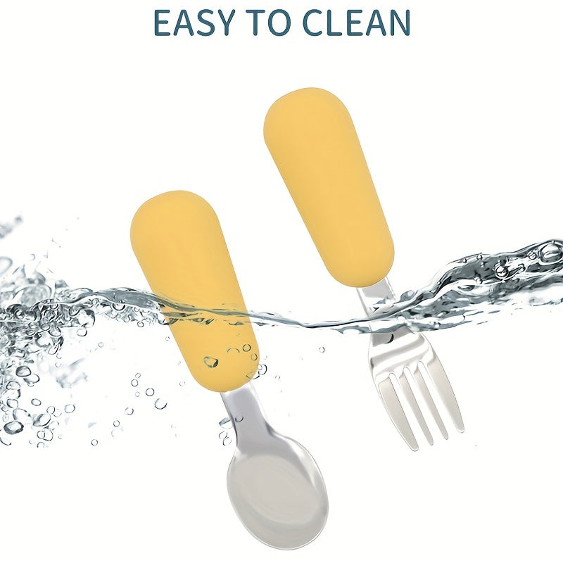 Juego de cubiertos para niños en acero inoxidable para bebés, tenedor y cuchara con mangos redondos