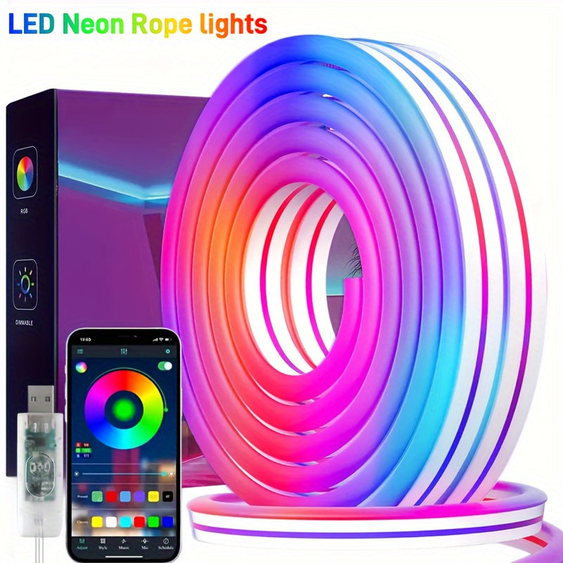 AMill LED Neon Lenta Yoritgichlari - 100.58/298.7/499.87sm, Musiqa Sinxronizatsiyasi, Ilova Bilan Boshqarish, Ichki/Tashqi Dekor uchun Moslashuvchan RGB+IC Yoritish, Bayramlar, USB Bilan Quvvatlanadi