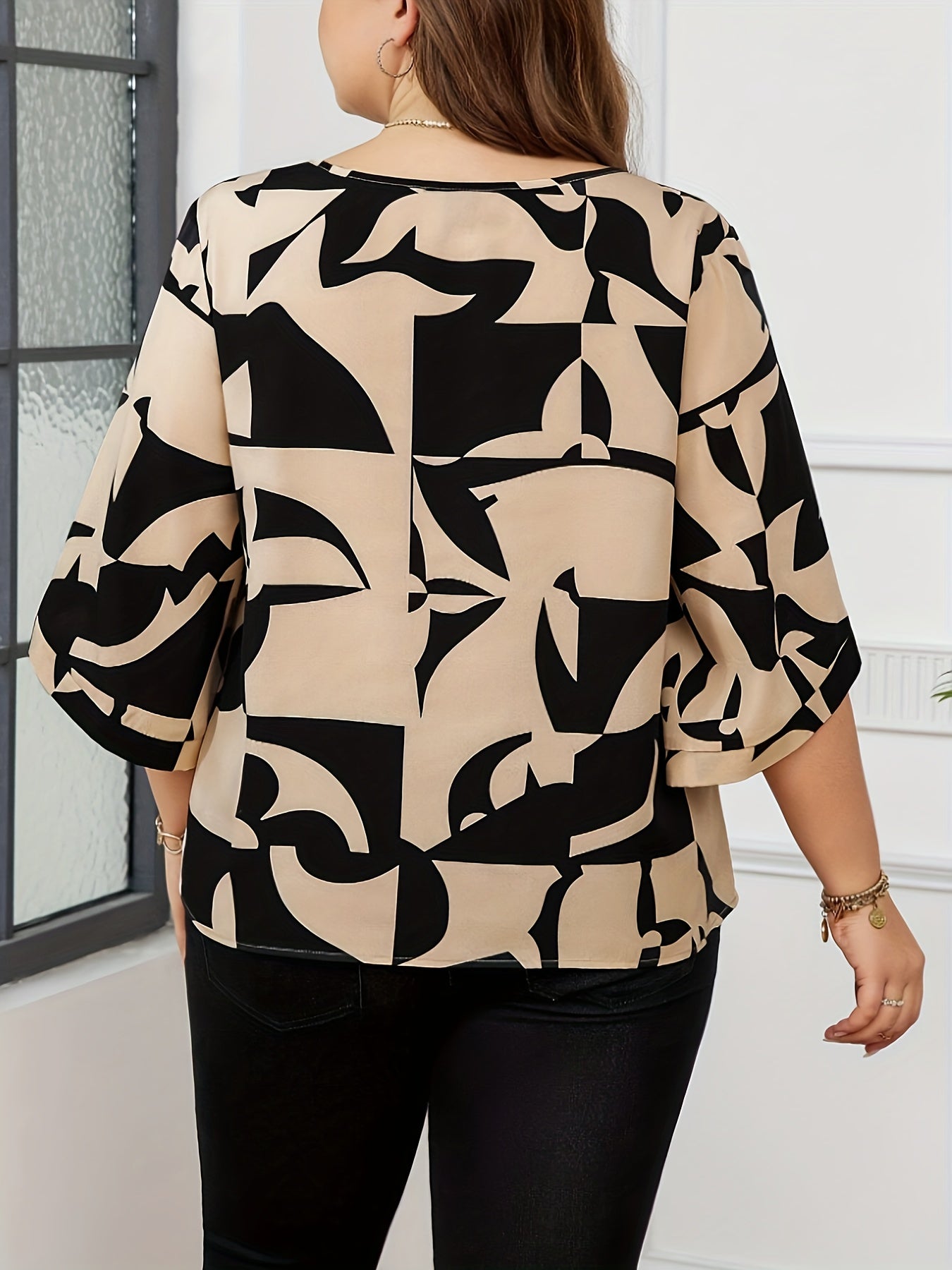 Plus Size Women's Geometric Print Crew Neck Blouse Casual Polyester Shirt