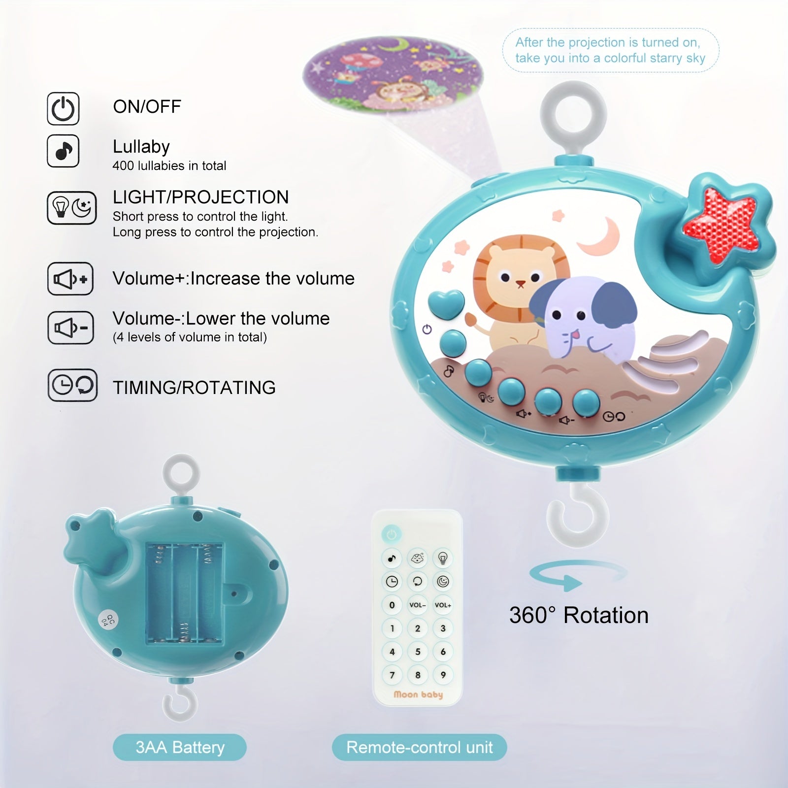 Juguete para cuna infantil con luz nocturna musical y control remoto rojo y azul