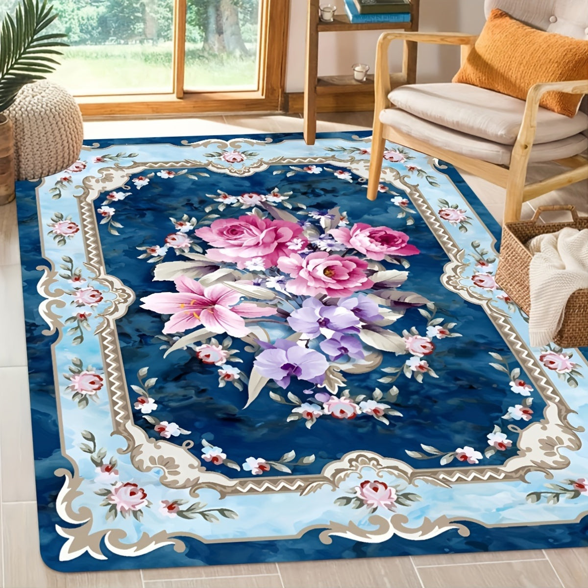 Persian Style Floral Rug with Rose Motif, Washable Bohemian Floor Mat for Home Decor