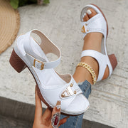 Women Light Blue Open Toe Block Heel Shoes with Golden Buckle