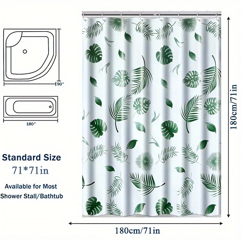 Water-Resistant Polyester Tropical Leaf Bath Liner with Hooks for Bathroom Decor