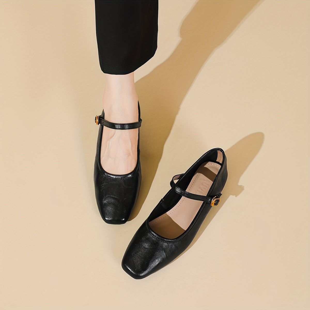 Women Black Faux Cover Mary Jane Flats with Low Heel and Ankle Strap