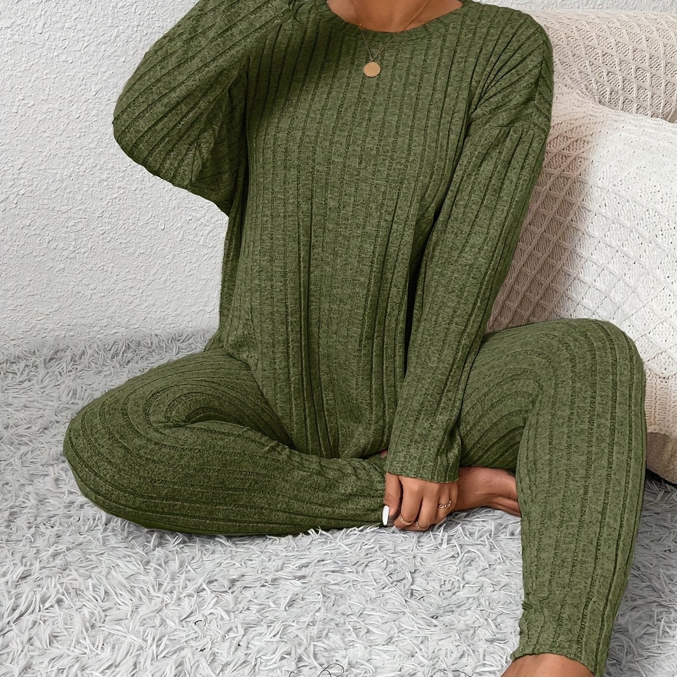 Women Long Sleeve Pajama Set Large Size Warm Slim Fit
