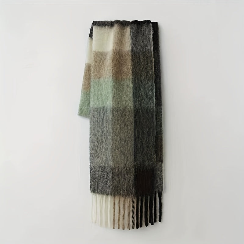 Rainbow-colored Boho Plaid Scarf with Tassels: Chunky, Imitation Tassel Shawl for Neck Warmth in Autumn and Winter. Features a Long Neckerchief Design.