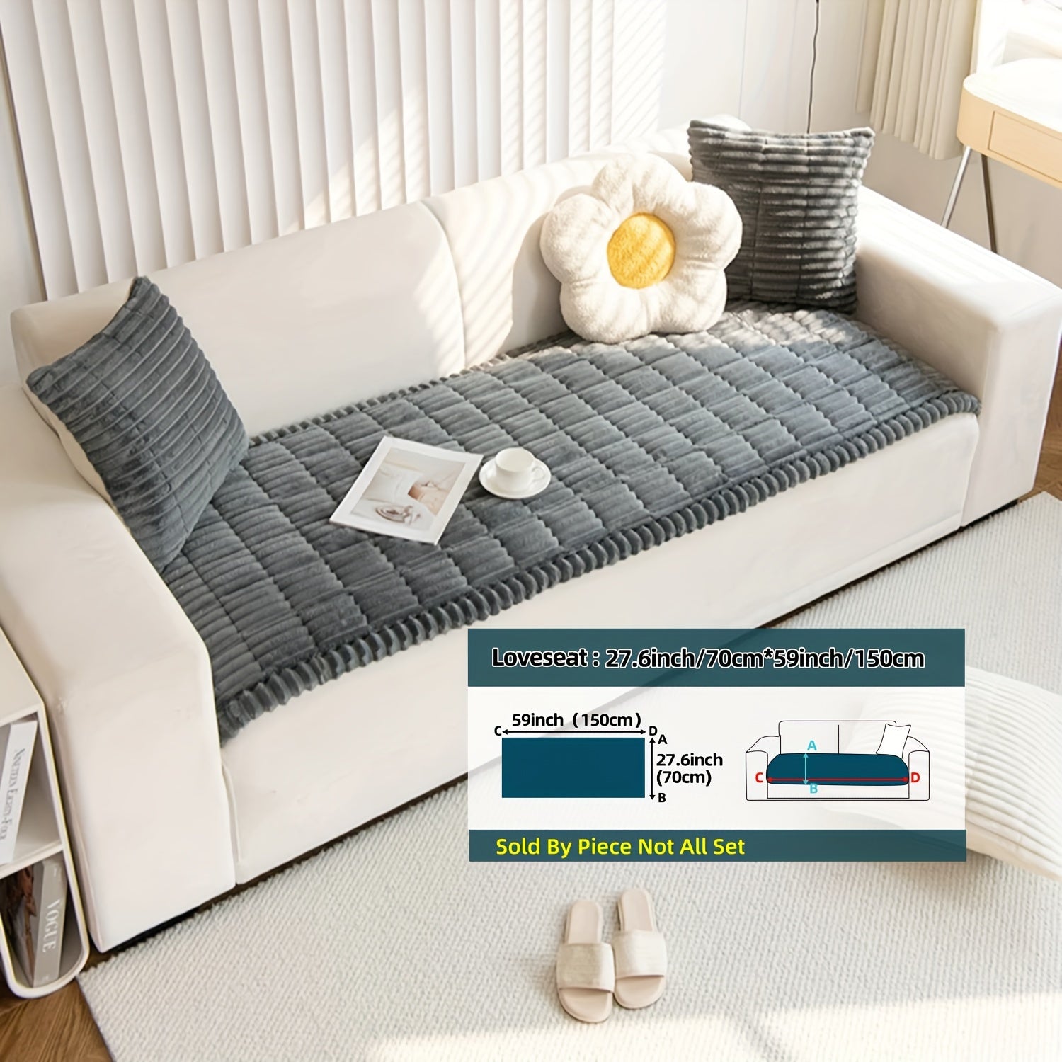 Boho Style Quilted Short Plush Sofa Cover with Ruffle Design Non-Slip Pet Friendly Machine Washable