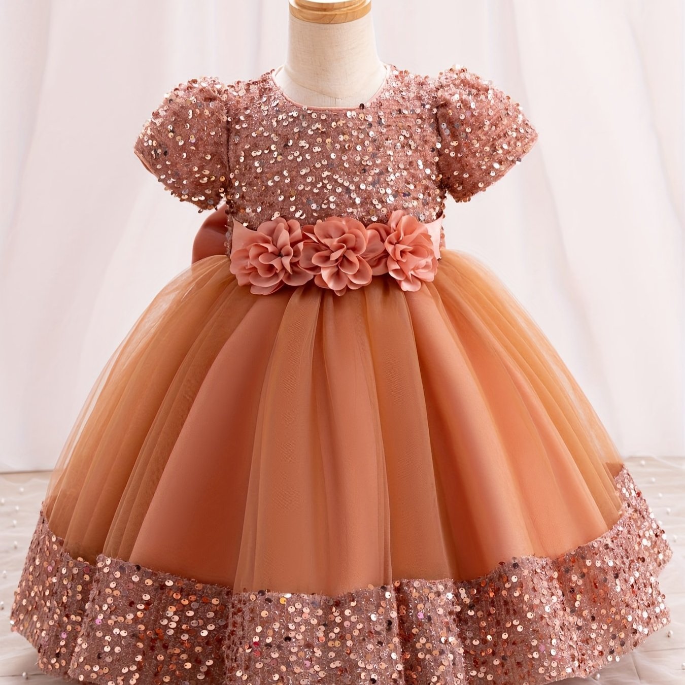 Girls Sparkling Midi Dress with 3D Flower Decor Sequin and Belt for Weddings Parties