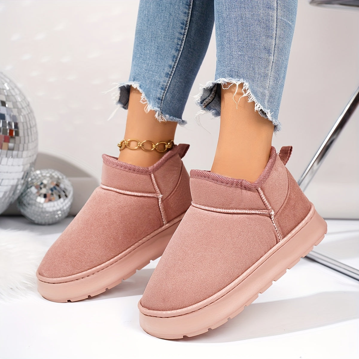 Women's Fleece Slippers with Gold Chain Ankle Strap, Non-Slip Sole, Plush Lining