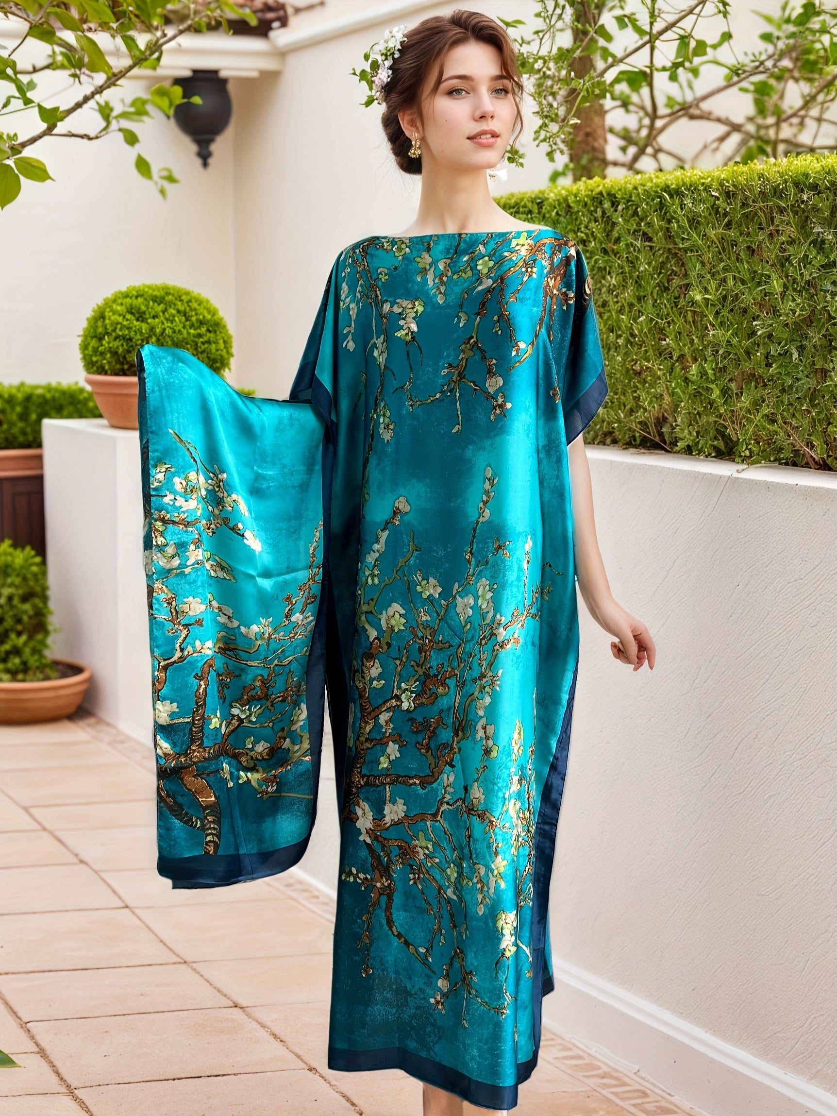 Plus Size Women's Floral Dress with Scarf Emerald Green Blue Peony Short Sleeve