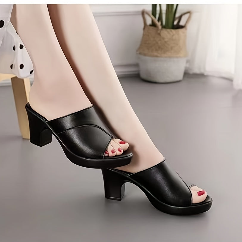 Women's Open-Toe Chunky Mid-Heel Sandals Black PVC Slip-On Casual Formal