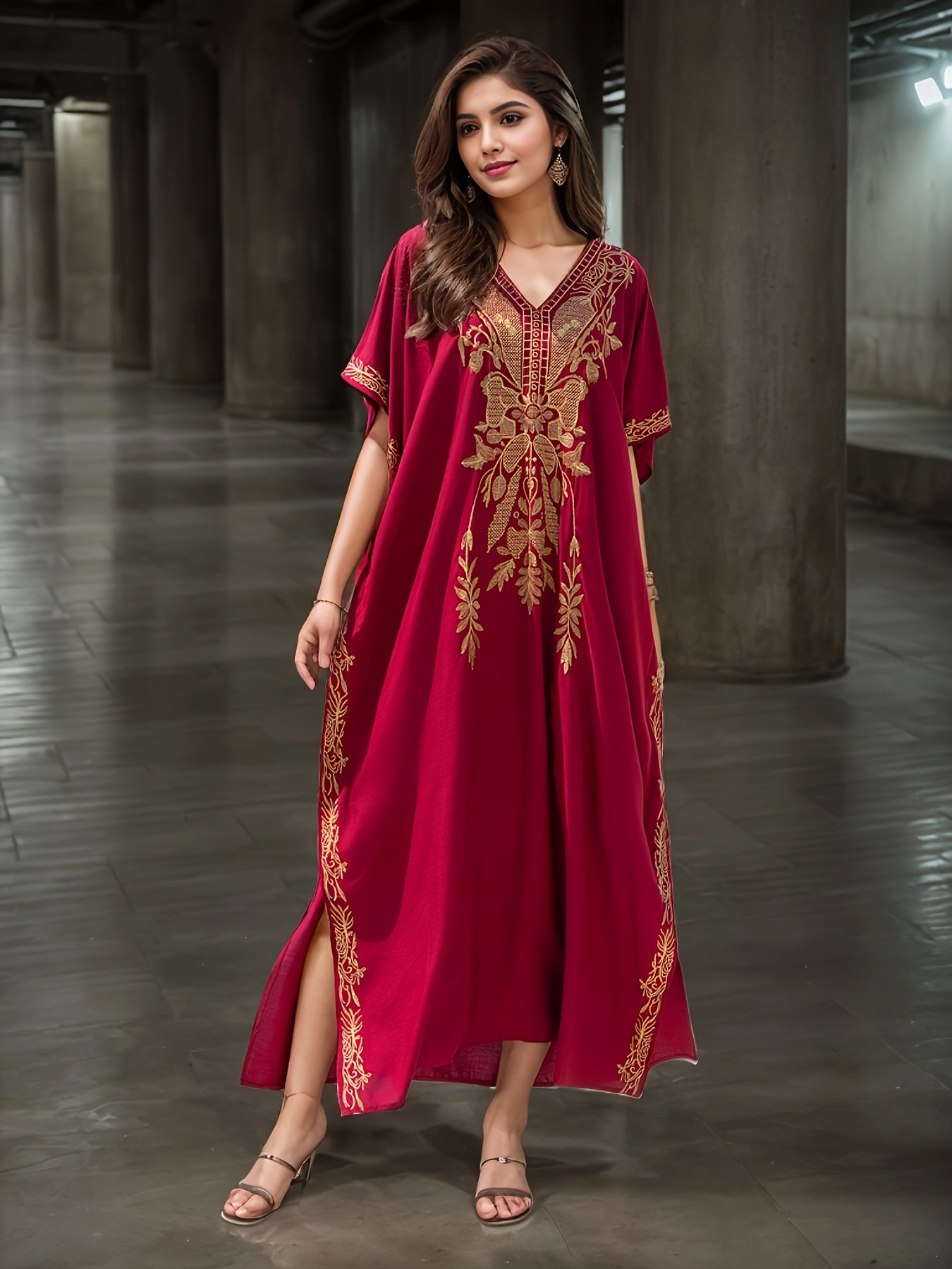 Ayollar uchun katta o'lchamli tikilgan batwing qo'lqopli V-shakllı maksi kiyi